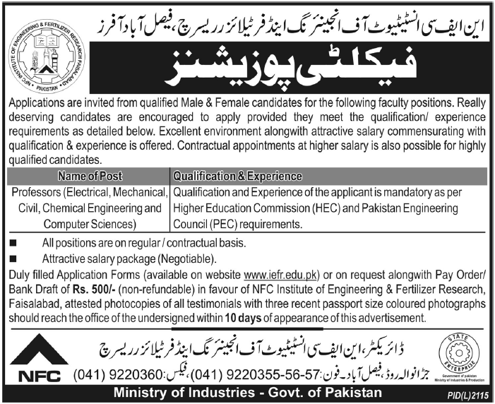 NFC Institute of Engineering and Fertilizer Research, Faisalabad Required Faculty