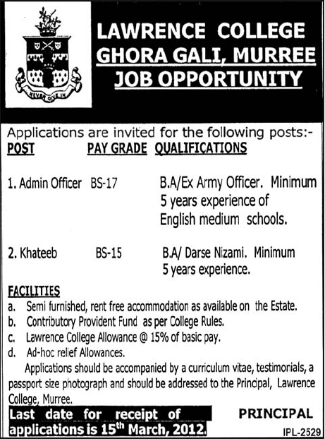 Lawrence College Ghora Gali, Murree Required Admin Officer and Khateeb