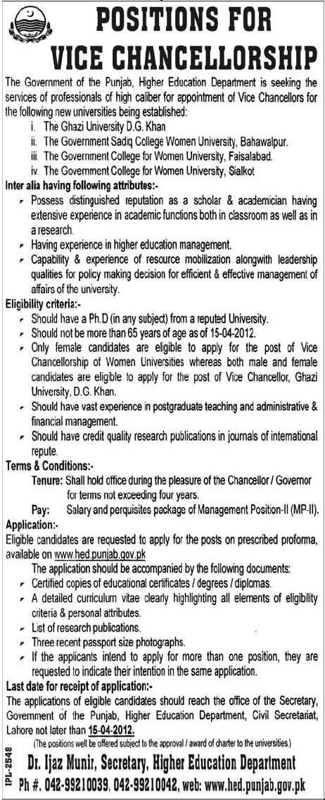 Vice Chancellors Required by Government of the Punjab, Higher Education Department