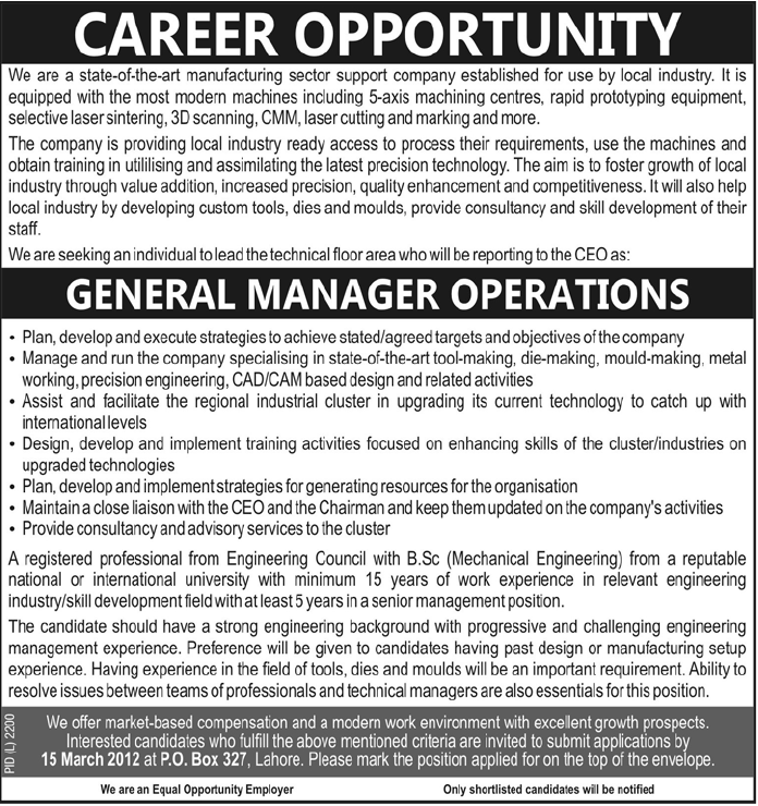 General Manager Operations Required by Manufacturing Sector Organization