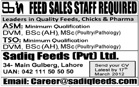 Sadiq Feeds Pvt Ltd. Required Staff