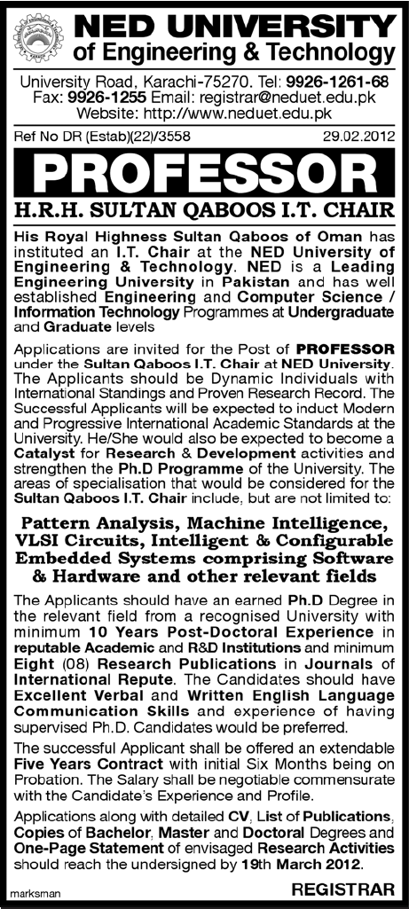 NED University of Engineering & Technology Required Professor