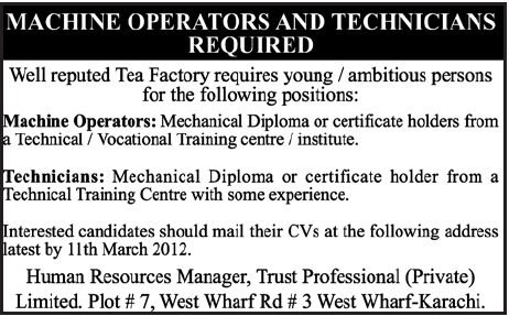 Machine Operators and Technicians Required in Karachi