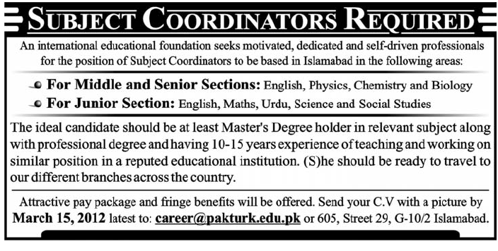 Subject Coordinators Required by an International Educational Foundation in Islamabad