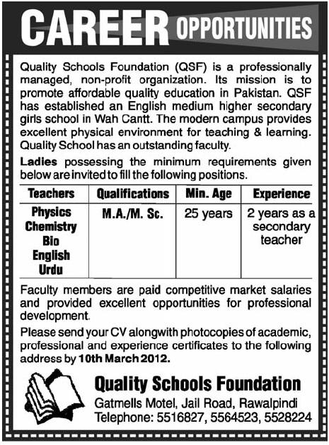 Quality Schools Foundation (QSF) Required Teachers