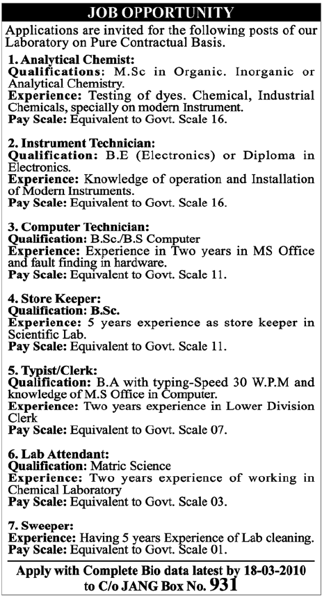 Laboratory Staff Required in Karachi