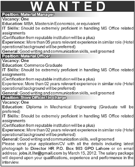 Material Manager, Material Officer and Store Officer Required in Lahore
