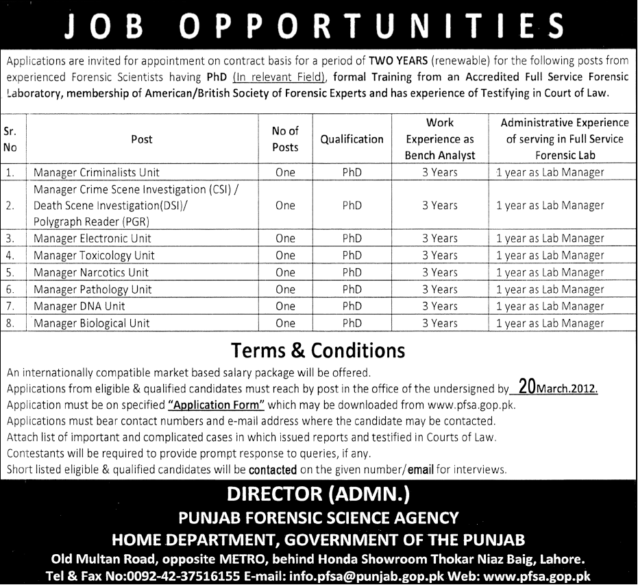 Punjab Forensic Science Agency, Home Department Jobs Opportunity