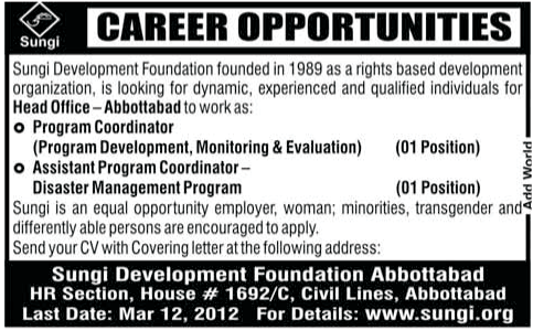 Sungi Development Foundation (NGO) Abbottabad Requires Program Coordinator and Assistant Program Coordinator