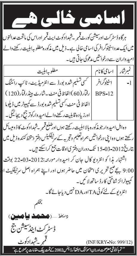 District Session Court Kamber (Govt Jobs) Requires Stenographer