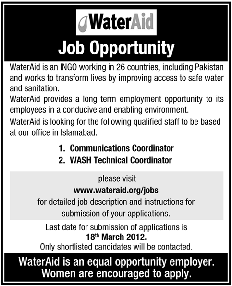 Water Aid (NGO Jobs) Requires Communications Coordinator and Wash Technical Coordinator