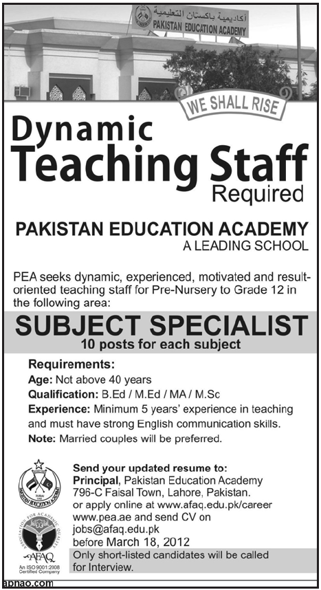 Teaching Staff Required by Pakistan Education Academy