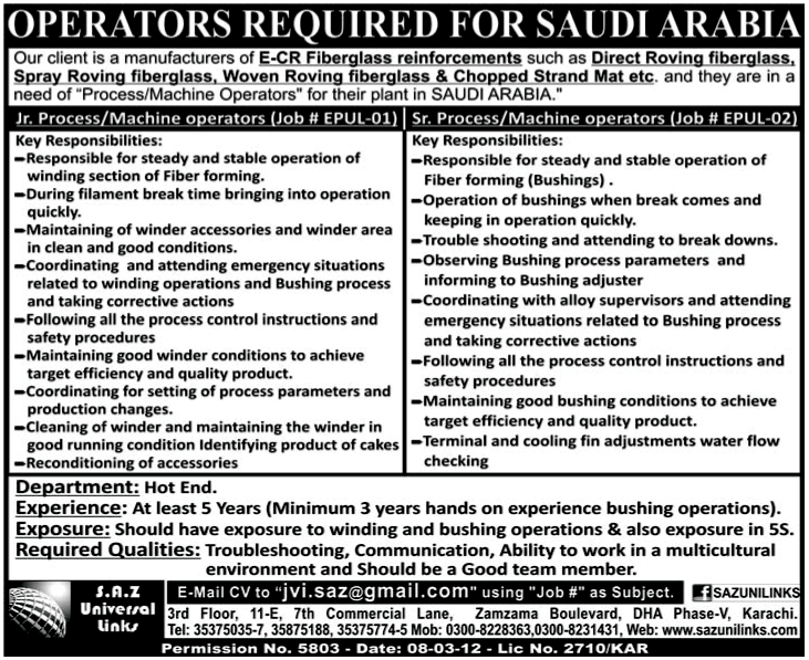 Operators Required for Saudi Arabia