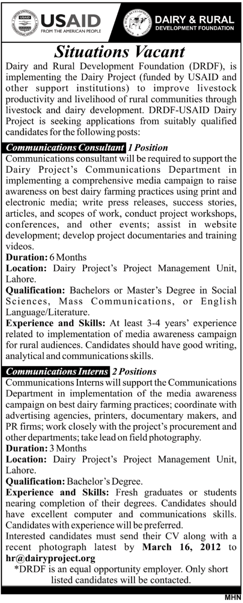 Dairy & Rural Development Foundation (NGO Jobs) Requires Communications Consultant and Communication Interns
