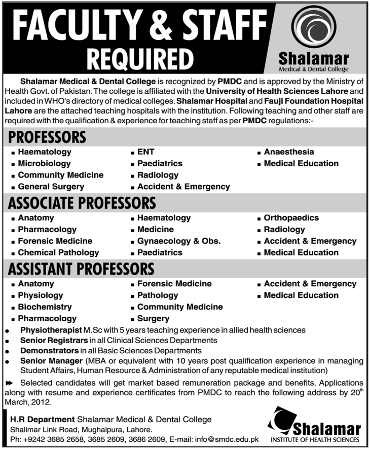 Shalamar Medical & Dental College Requires Faculty