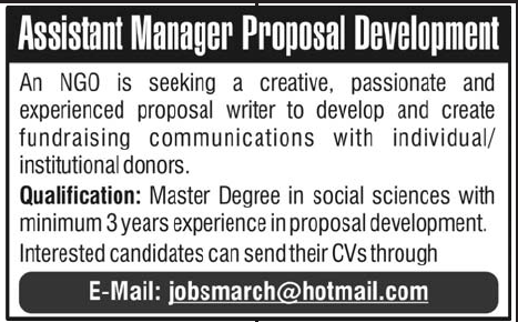 Assistant Manager (NGO Jobs) Required