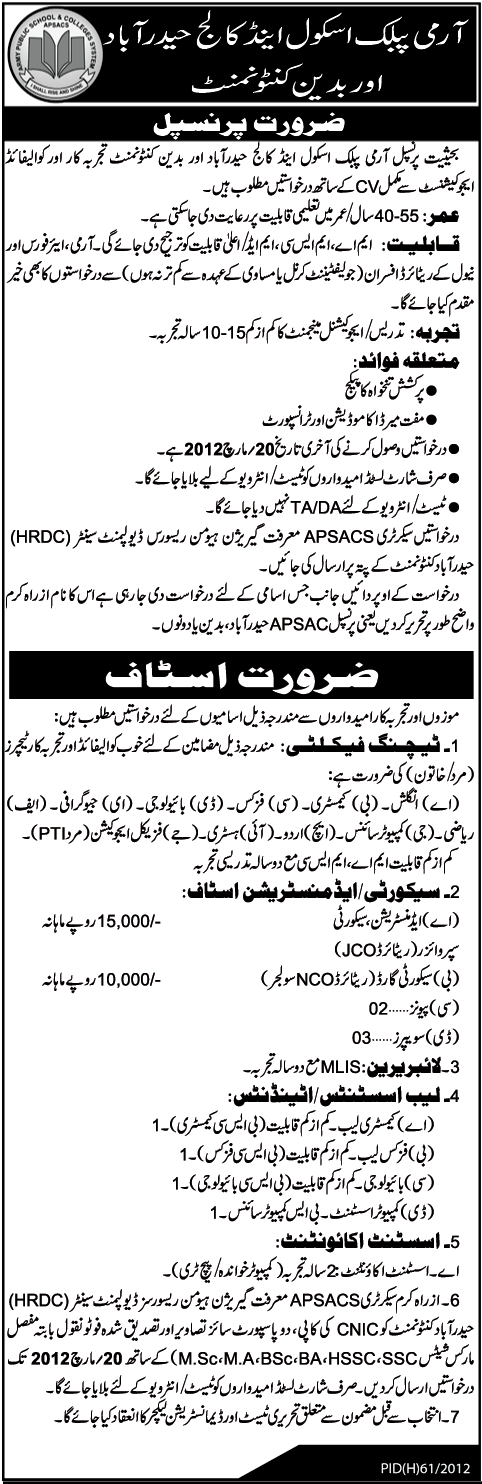 Army Public Schools and College (Govt Jobs) Hyderabad and Badin Cantonment Requires Teaching and Admin Staff