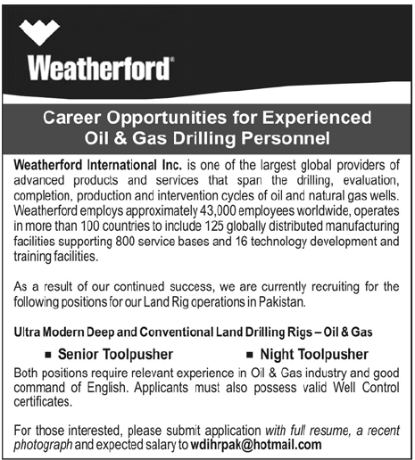 Weatherford International Inc. Requires Senior Toolpusher and Night Toolpusher