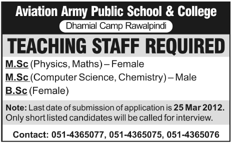 Aviation Army Public School & College (Govt) Jobs