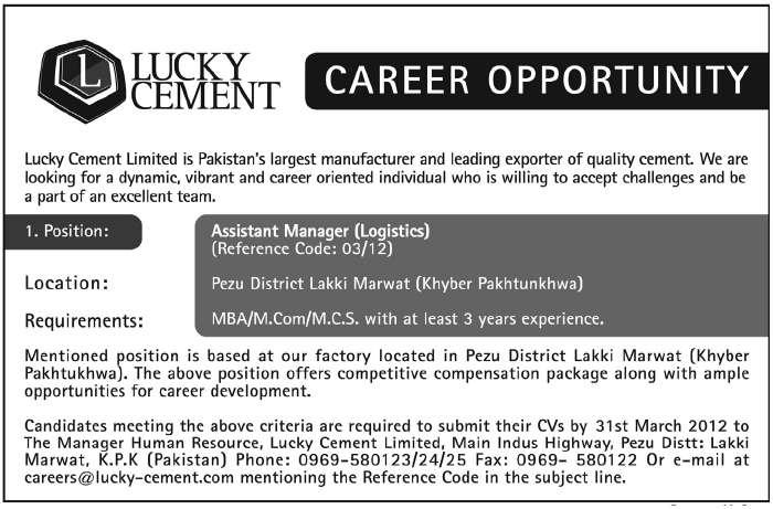 Lucky Cement Limited Requires Assistant Manager (Logistics)