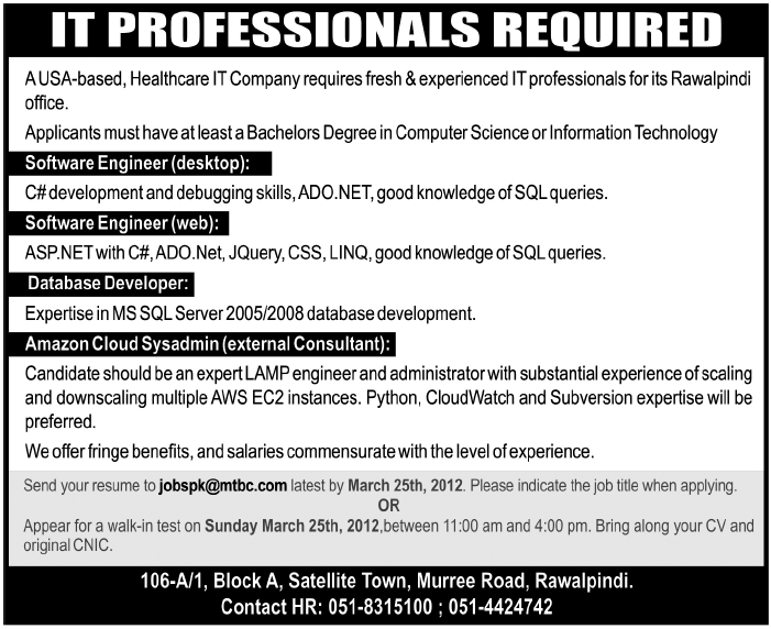 Govt jobs for experienced it professionals 2012