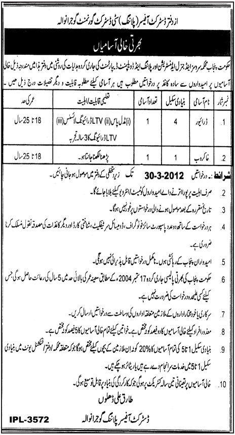The Office of District Officer Planning City District Government Gujranwala Jobs