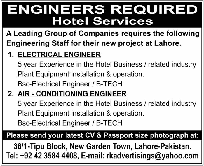Engineers Required by a Group of Companies in Lahore 