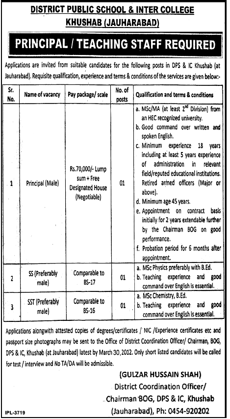 District Public School & Inter College (Govt) Jobs