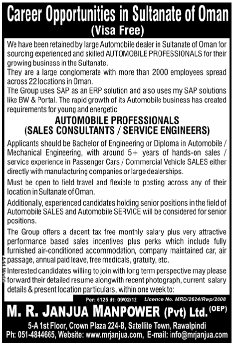 Automobile Professionals Required by an Automobile Dealer