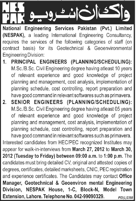 NESPAK (National Engineering Services Pakistan Pvt Ltd) Jobs