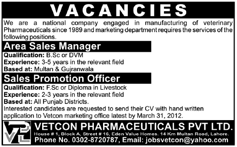 Vetcon Pharmaceuticals Pvt Ltd Requires Area Sales Manager and Sales Promotion Officer
