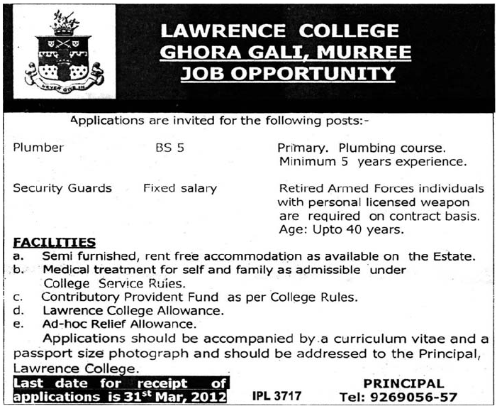 Lawrence College Ghora Gali (Govt Jobs) Requires Plumber and Security Guards