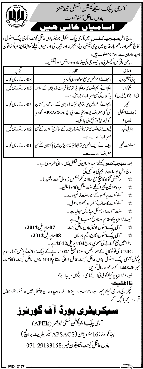 Army Public Education Institutions Pano Aqil (Govt) Jobs
