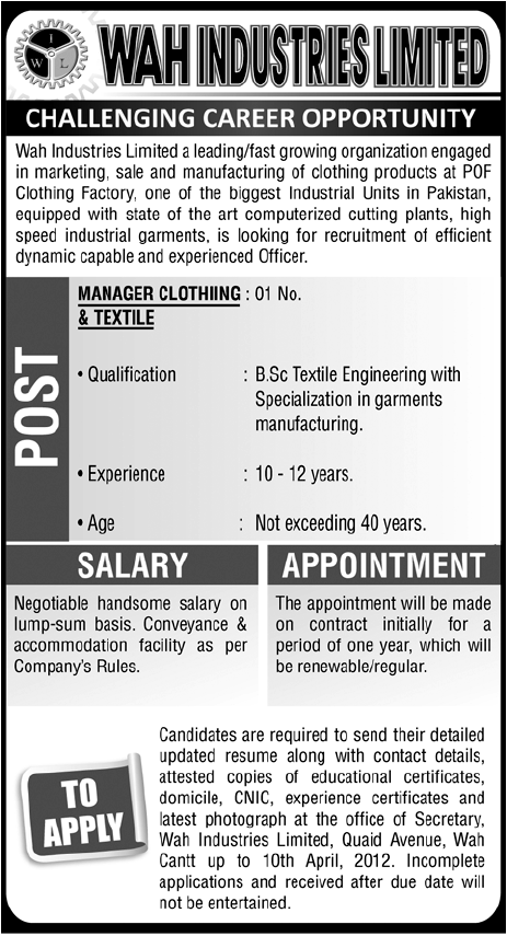 Wah Industries Limited (Govt.) Jobs