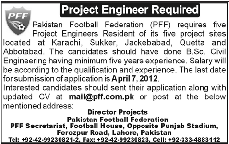 Pakistan Football Federation (Govt Jobs) Requires Project Engineer