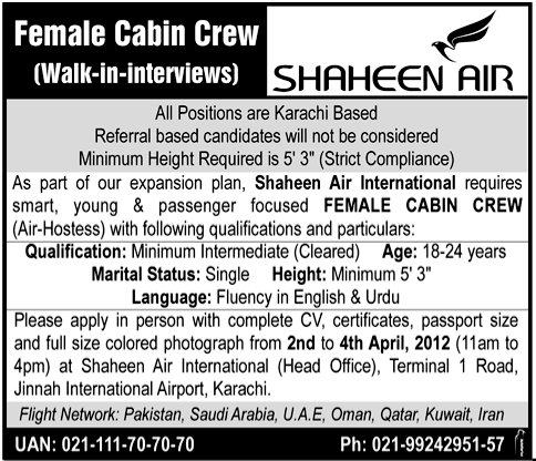 Shaheen Air Requires Cabin Crew
