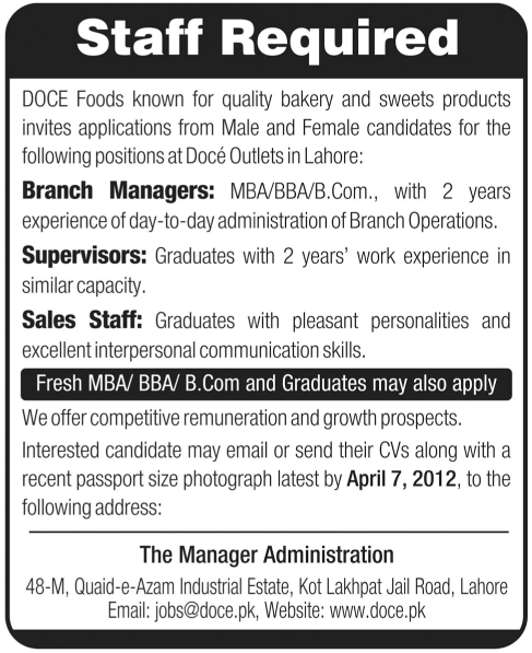 doce foods requires staff in lahore  jang on 01