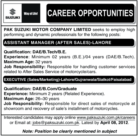 Pak Suzuki Motor Company Limited Jobs