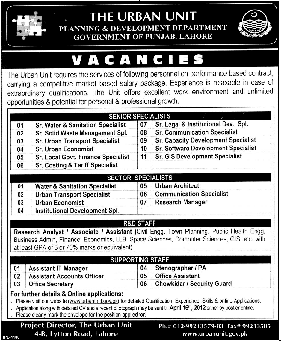 Planning & Development Department, Government of the Punjab Jobs