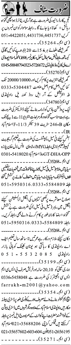 Classified Rawalpindi Jang Misc. Jobs