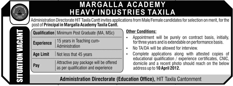 Margalla Academy Heavy Industries Taxila Requires Principal