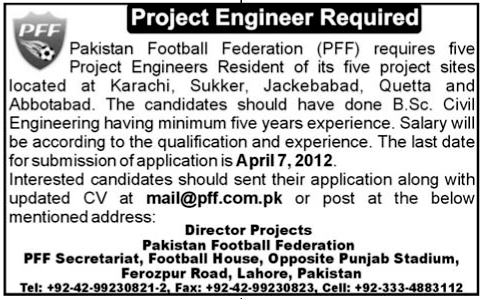 Pakistan Football Federation (Govt Jobs) Requires Project Engineer