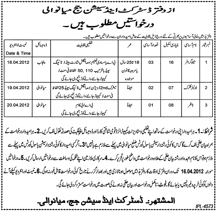 District and Session Judge Mianwali (Govt. Jobs) Requires Staff