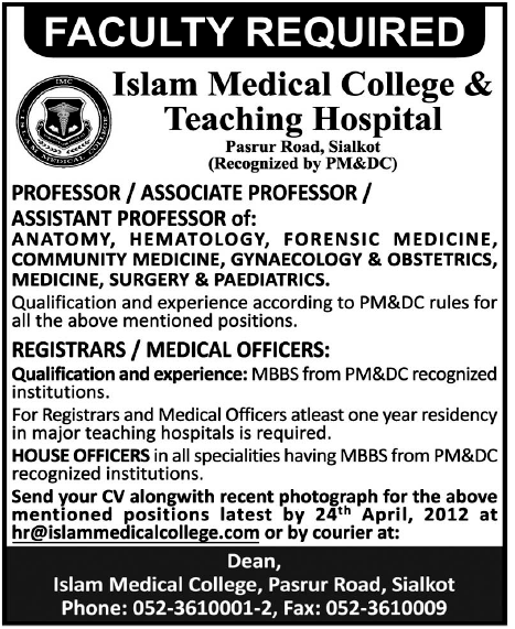Islam Medical College & Teaching Hospital Jobs