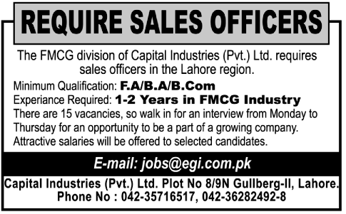 Capital Industries Pvt Ltd Requires Sales Officers
