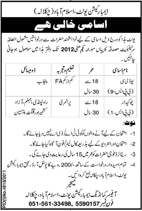 Embarkation Unit Islamabad (Govt.) Jobs