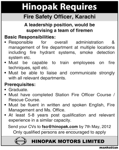 The Hinopak requires Fire Safety Officer (FSO)