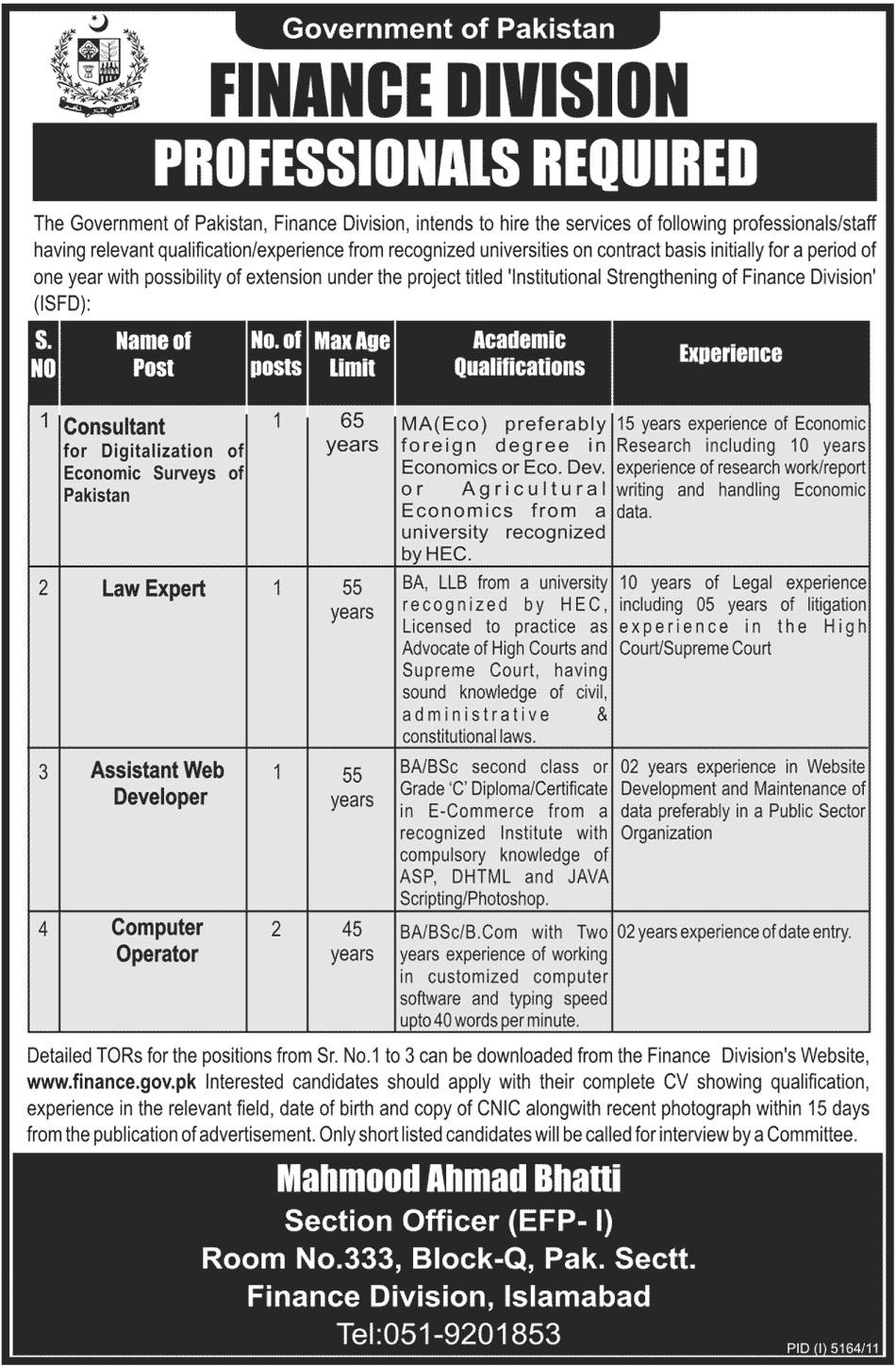 Jobs in Finance Division Government of Pakistan
