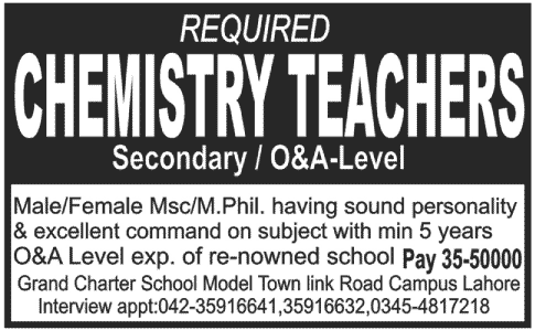 Chemistry Teachers are Required