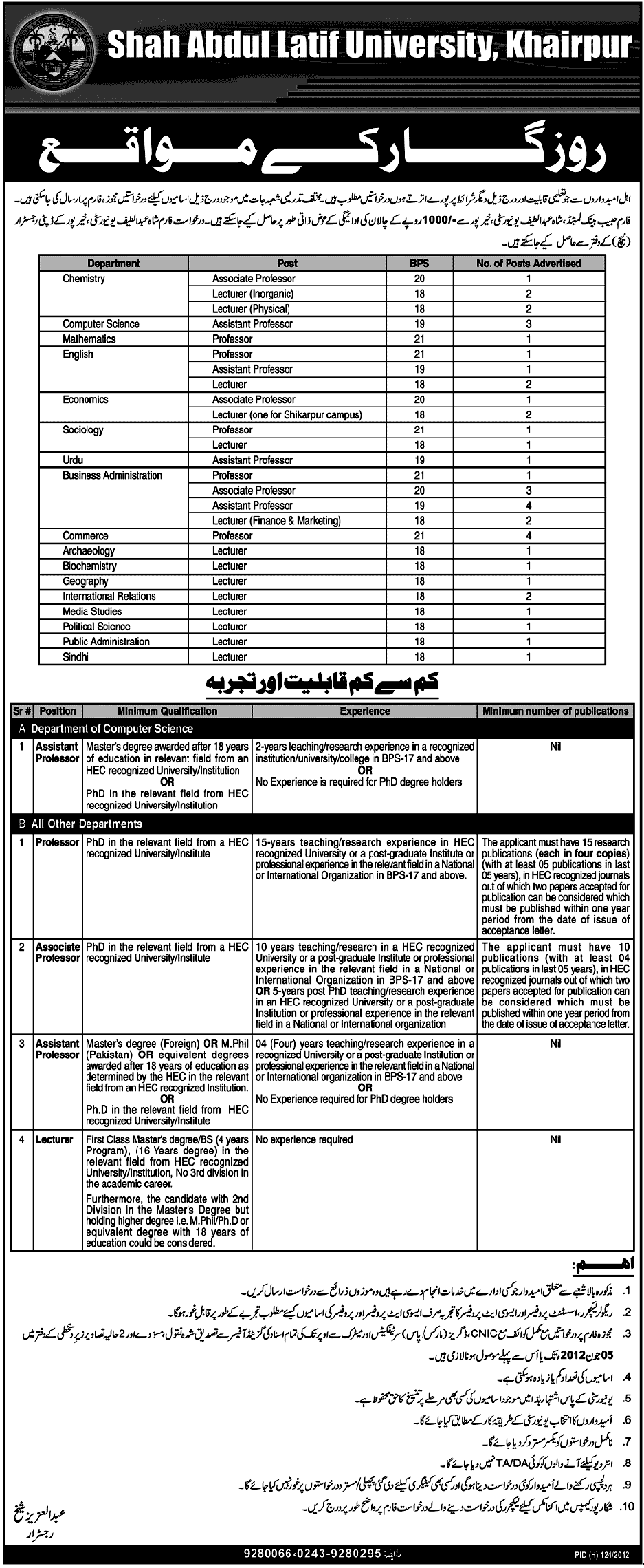Professors and Lecturers Required at Shah Abdul Latif University